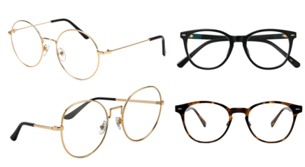 Set stylish pairs of eyeglasses in various shapes and colors on a transparent background