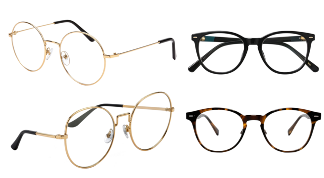 Set stylish pairs of eyeglasses in various shapes and colors on a transparent background