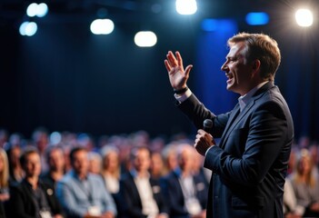 Confident male speaker addresses an engaged audience at a professional event or conference