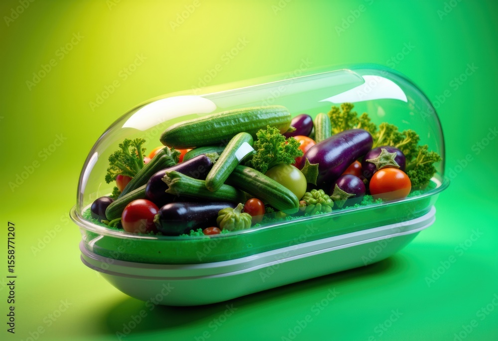 Poster fresh vegetables stored in a transparent container with a vibrant green background