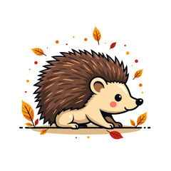 Cute hedgehog with autumn leaves, cozy fall wildlife illustration