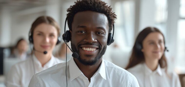 The smiling team member engaging in customer service at the call center.