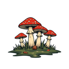 Red Amanita Mushrooms in Grass - Nature Illustration, Fungi Artwork