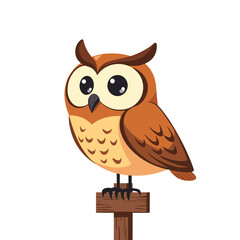 Cute cartoon owl perched on wooden post, wildlife illustration