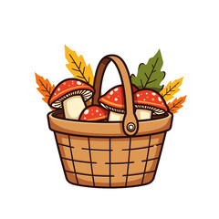 Basket with Amanita mushrooms and autumn leaves, foraging illustration