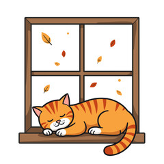 Cartoon orange cat sleeping on window sill, autumn relaxation illustration