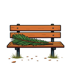 Wooden park bench with palm branch, outdoor scene with copyspace
