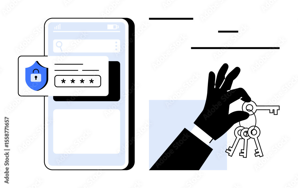 Poster smartphone screen displays password entry with security shield hand holds keys, highlighting access 