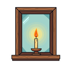 Candle in wooden window frame illustration, cozy home lighting art
