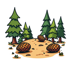 Cartoon forest illustration with pine trees and pine cones, nature art
