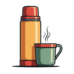 Colorful Thermos and Cup with Steam, Hot Beverage Break Illustration