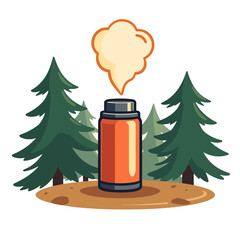 Steaming red thermos among pine trees, wilderness adventure copyspace