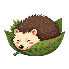 Cute cartoon hedgehog sleeping on leaf, cozy wildlife illustration