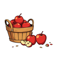Basket of Red Apples with Slices, Fresh Fruit Harvest Illustration