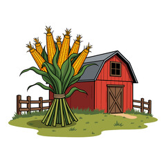 Corn Stalks Bundle by Red Barn, Agricultural Farm Harvest
