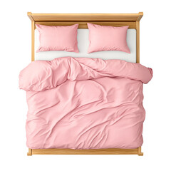 Top view of a made bed with light pink bedding and a wooden frame