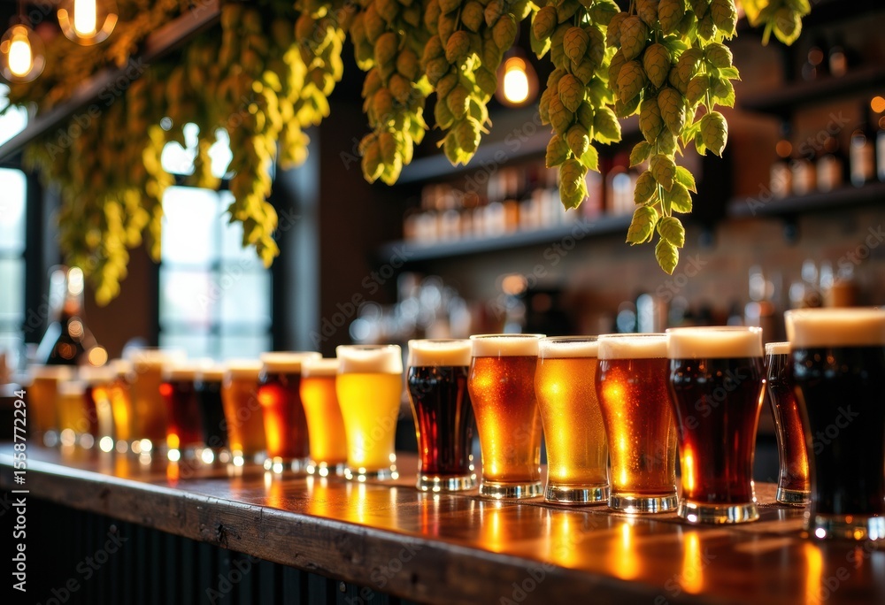 Poster assorted craft beers are lined up on a bar counter in a cozy pub setting