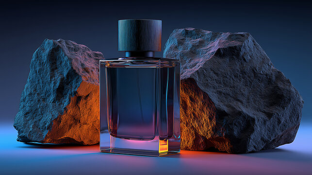 mockup botella perfume hombre, display producto colonia masculina, escenario de piedras volc&aacute;nicas y fondo violeta naranja para mockup botella de cristal producto belleza skincare hombre