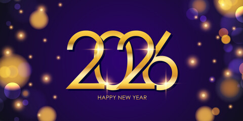 2026 Happy New Year festive banner. New Year 2026 holiday background. Bright bokeh lights. Gold color. Vector illustration.