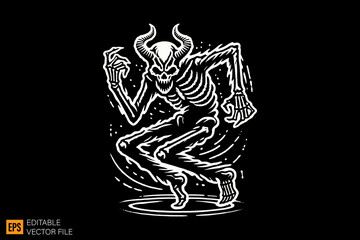 Fototapeta premium Skeleton dancing dark horror art illustration design black and white backgroud templates