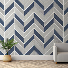 "Modern Living Room with Chevron Wall Design and Minimalist Furniture"

