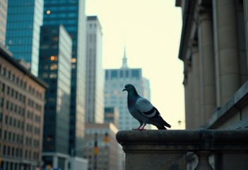 Pigeon perched on a ledge in an urban cityscape with tall buildings and a distant tower