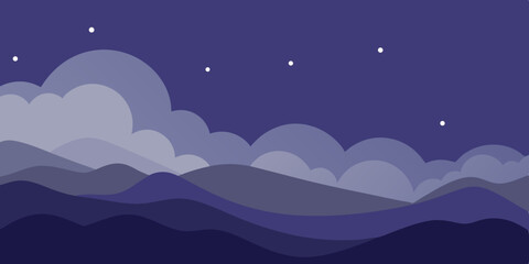 Starry night sky over a serene ocean landscape with moon and mountain silhouettes