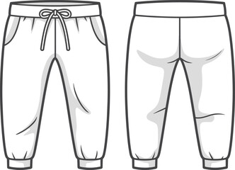 Unisex Cropped Jogger Pants Technical Flat Sketch, Front and Back View, Drawstring Waist Apparel Template, Fashion Design Blank Mockup, Casual Athletic Wear