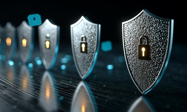 A row of metallic shields with illuminated keyholes reflects. The dark background enhances the security theme