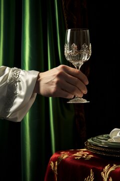 brindar fiesta privada exclusiva, hombre brinda en navidad, telas de terciopelo verde copa de champagne, elegante fiesta navide&ntilde;a, invitaci&oacute;n fiesta privada de navidad