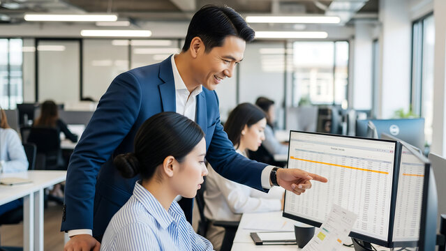 A senior consultant trains a junior staff on company finance fundamentals