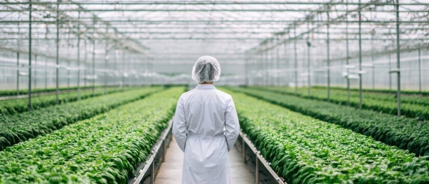 The scientist observing plants in a modern greenhouse environment.