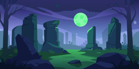 Spooky Halloween night landscape featuring a city skyline with silhouetted buildings, trees, and the moon under a cloudy sky