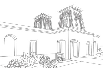 Architectural drawing of a two-story building with a courtyard.

