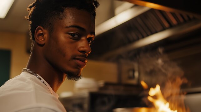 Young chef skillfully manages flames while preparing a dish in a bustling kitchen during evening hours - Powered by Adobe