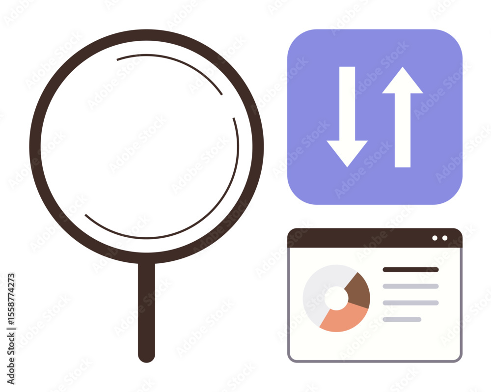 Poster magnifying glass, sorting arrows, and data chart window signify research, analytics, data sorting, o