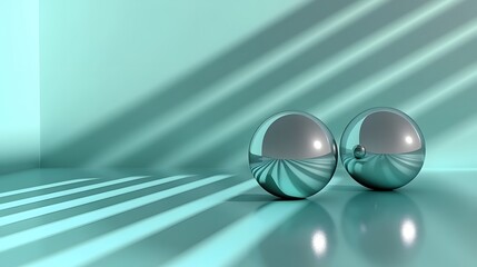 Two Metallic Spheres in a Mint Green Room with Light Streaks