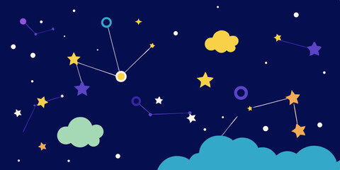 Fototapeta premium Seamless pattern of cartoon stars and moon in a dark blue night sky vector illustration