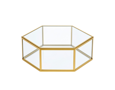 Elegant Glass Hexagon Box with Golden Metal Frame.