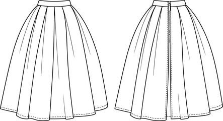 Women's Full Pleated A-Line Midi Skirt with Back Zipper Flat Fashion Sketch Template - Elegant Apparel Design