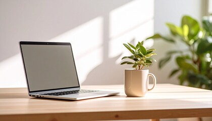 Fototapeta premium Aesthetic desk setup featuring a sleek laptop, ceramic mug, and plant on a wooden surface with a background gradient from light beige to warm gray