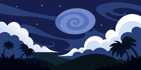 Moonlit night sky over a serene sea landscape with distant mountains and stars