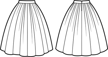 Women's Pleated Full Midi Skirt Flat Fashion Sketch Template - Elegant Bottoms Apparel Design for Digital Use