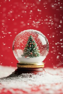 Bola de nieve con &aacute;rbol de navidad mientras nieve con fondo rojo, felicitaci&oacute;n navide&ntilde;a bola de navidad con un abeto en miniatura, polo norte en bola de navidad con fondo rojo