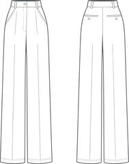 Women's High-Waisted Wide Leg Trousers with Front Pleats Flat Sketch - Elegant Formal Bottoms Apparel Design Template
