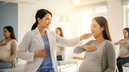 Obraz premium A midwife supports a mother-to-be during breathing exercises in a prenatal session