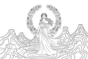 Obraz premium Woman in flowing robe, amidst volcanic landscape, serene presence. 