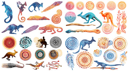 Australian Aboriginal ornament and kangaroo illustration set with dot patterns, boomerangs, reptiles, and native symbols in vibrant earth tones.

