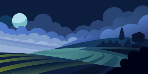 Fototapeta premium Serene Night Landscape Moonlit Hills and Tranquil Fields