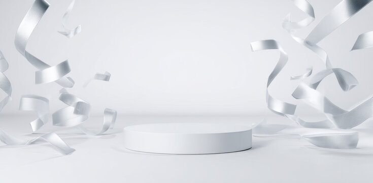 White background with silver flying ribbons and a podium for product presentation, abstract geometric shapes in motion - Powered by Adobe